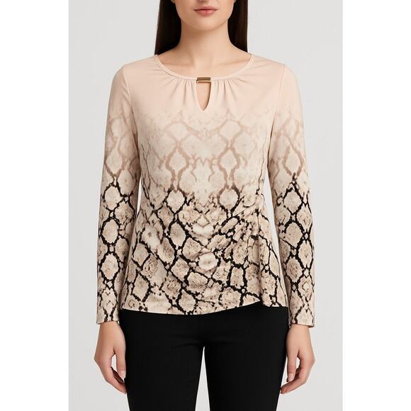 Calvin Klein Animal Print Blouse Womens Long Sleeve Draped Front Top Casual S - Picture 1 of 14